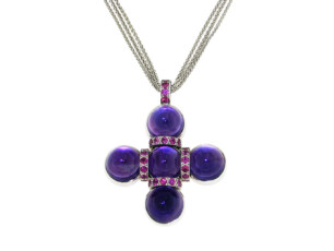 Amethyst Cabochons mit pinken Safiren in 750 Weißgold