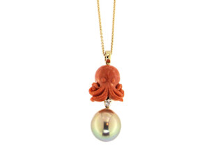 Koralle mit Diamant und Ming Perle in 750 Roségold