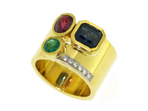 Safir Rubin und Smaragd mit Brillanten in 750 Gelbgold